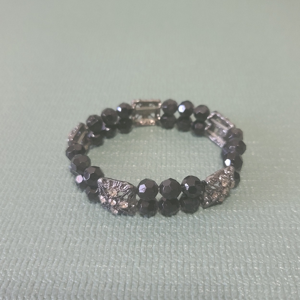 Black And Dark Silver Bracelet W/ Rhinestones